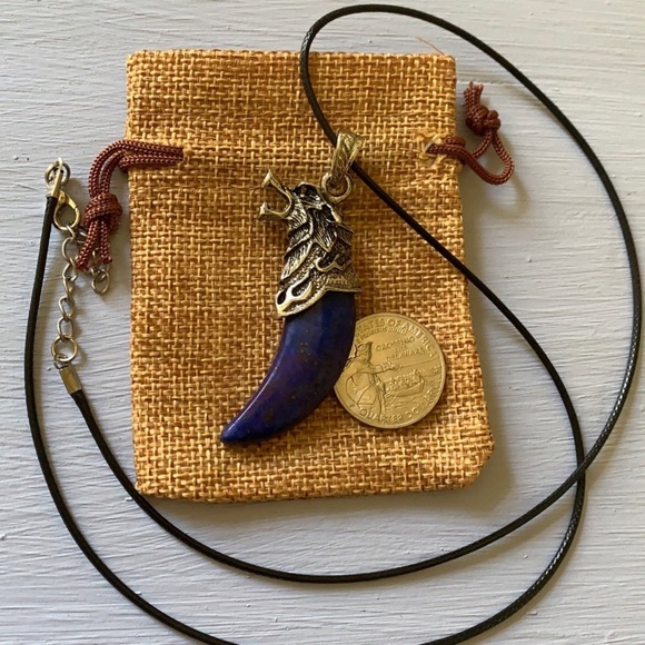 Wolf Tooth Pendant | Mens Crystal Necklace | Lapis Necklace | Boyfriend Gift - Picture 2 of 3